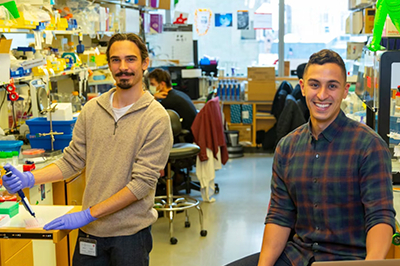 Oliver Dodd (left) and Soufiane Aboulhouda (right) are developing SomaCode in the Harvard lab of Prof. George Church.