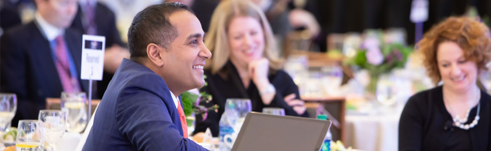 Harvard alumnus Sachin H. Jain is seated with other speakers at the 2019 Fusion symposium. Image credit Russ Campbell.
