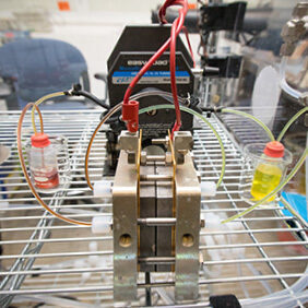 A prototype flow battery, pictured in the lab at Harvard SEAS. Image credit Eliza Grinnell.