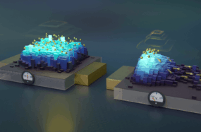 Two square platforms each with a voltage meter reading 0 to 240, display gold electrons moving in response to an electric field