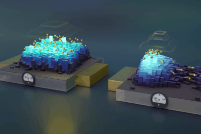 Two square platforms each with a voltage meter reading 0 to 240, display gold electrons moving in response to an electric field