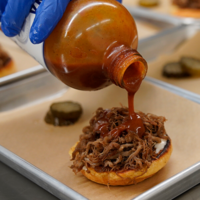 Founders of a new startup demonstrate a plant-based pulled-pork alternative.