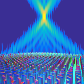 The ultra-thin planar lens in this 2016 illustration consists of titanium dioxide nanofins on a glass substrate. Illustration courtesy of Peter Allen/Harvard SEAS.