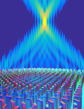 The ultra-thin planar lens in this 2016 illustration consists of titanium dioxide nanofins on a glass substrate. Illustration courtesy of Peter Allen/Harvard SEAS.