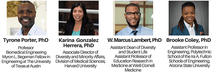 Headshot photos for the speakers, Drs. Porter, Gonzalez Herrera, Lambert, and Coley.